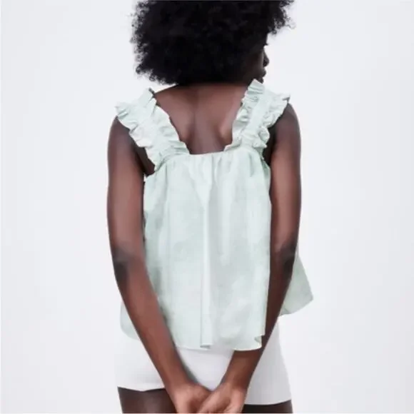 ZARA Green Tie Dye Poplin Top - Picture 3 of 8